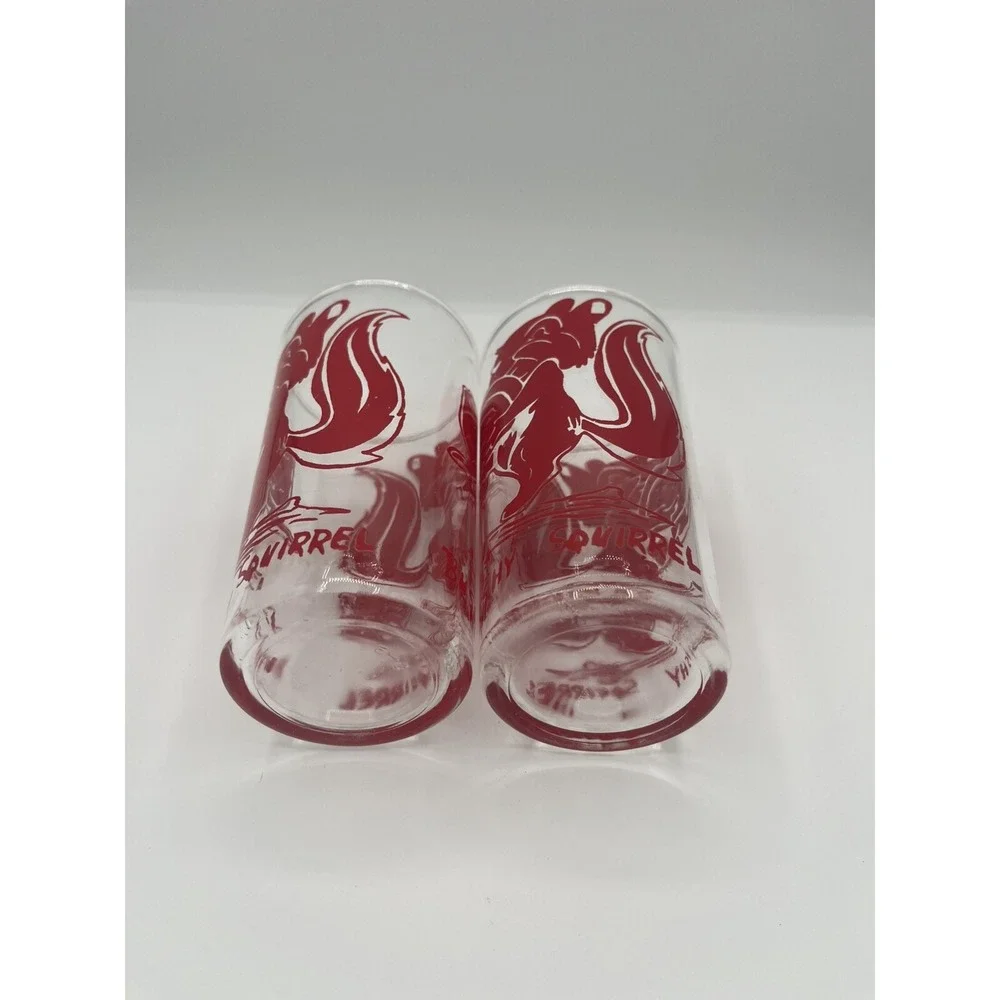 Vintage Blue Plate Peanut Butter 10 oz Glass Red Bushy Squirrel Tumblers 1950s